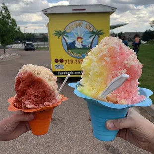 Lemon, cherry, &amp; guava cone along. With a cherry, French vanilla, and lime cone! $5 for these huge ones!