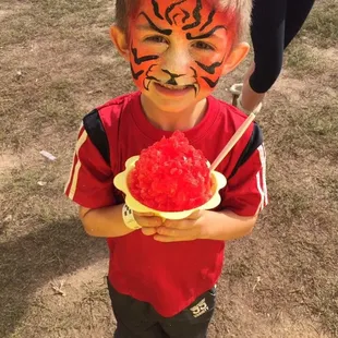 a young boy with tiger face paint