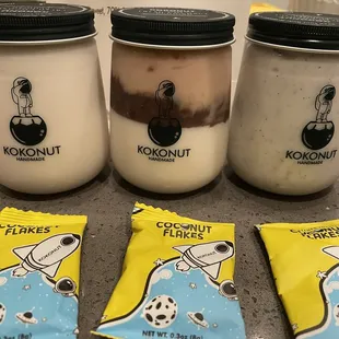 Plain, Coconut Pudding with Red Bean and Taro, Black Sesame Coconut Pudding