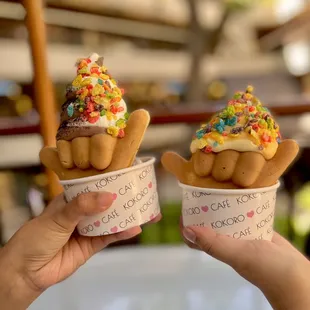 Shaka boom, left chocolate and vanilla swirl, right dole whip and orange swirl