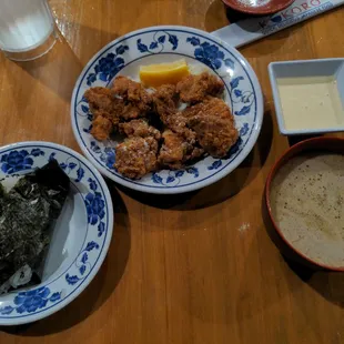 Chicken Kara&apos;age, Forest Child Soup, and Onigiri.