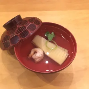 Soup with bamboo shoot and shrimp - part of &quot;Omakase&quot; course dinner