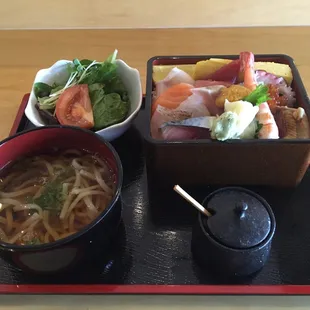 Lunch Menu: Chirashi-Zushi (assorted sashimi over sushi rice)with small salad and miso soup or small udon noodle