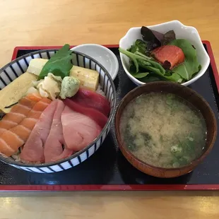 Lunch Menu: &apos;Wagamama&apos;-Don (any 6-pic from tuna/yellowtail/salmon over sushi rice), with small salad and miso soup or small udon