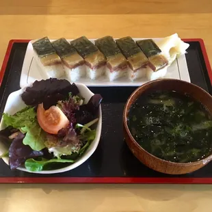 Lunch Menu: &apos;Battera&apos; (pressed sushi with mackerel) with small salad and miso soup or small udon noodle