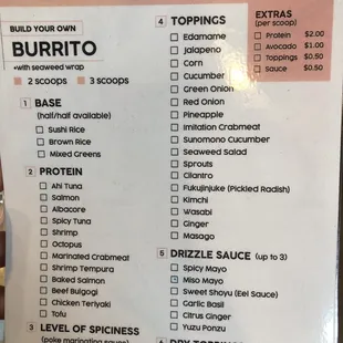 Poke burrito menu
