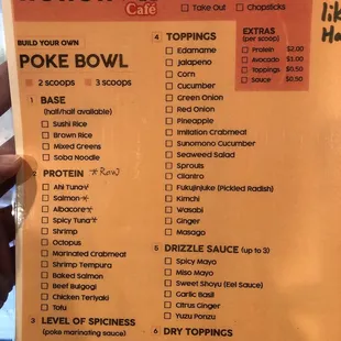 Poke bowl menu