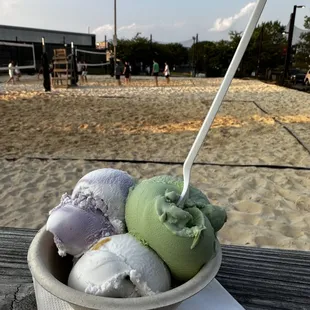 a beach in the background