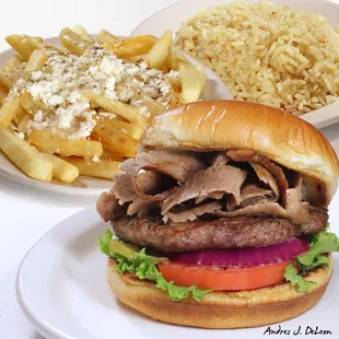 Gyros Burger, Greek Fries &amp; Rice Pilaf