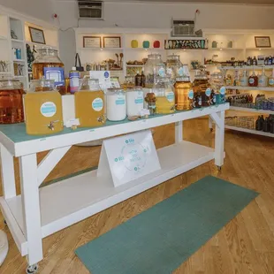 Refill offerings, including laundry detergent, dish soap, all-purpose cleaner, and castile soap.