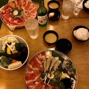 Beef toro and steak cut (leaner) upper left and beef toro (beef belly) and shrimp/shrimp paste bottom