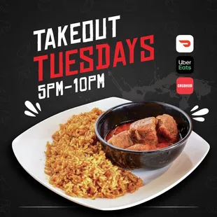 Join us today for "Takeout Tuesdays" featuring your favorite West African/Caribbean dishes each and every Tuesday from 5pm to 10pm.