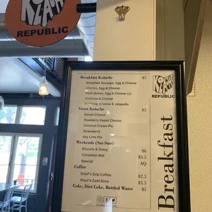 Morning menu inside shop