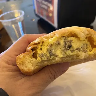 Breakfast sausage egg and cheese kolache.