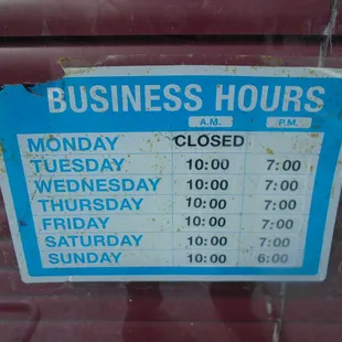 Hours of operation, front entry door.