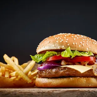 cheese burger with fries