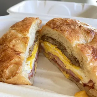 Ham, sausage, egg, and cheese breakfast sandwich! They serve the best breakfast sandwiches!