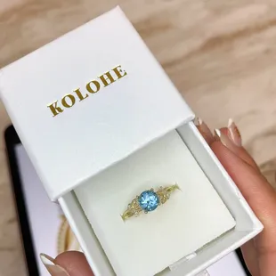 Custom 14k Solid Gold Blue Topaz Ring with Diamonds