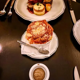 Beef tenderloin (top), Cheese souffle with mushroom jam (bottom)