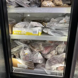 a display case of meat