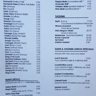 Menu with lunch specials Nov. 6 2018