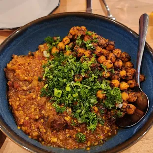 Garlicky eggplant and Garbanzo. Flavorful and delicious.