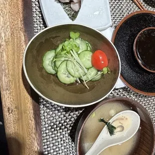 Hamachi hand roll, cucumber salad, miso soup