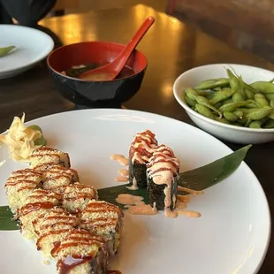 Crunch roll, spicy tuna nigiri, edamame, miso soup