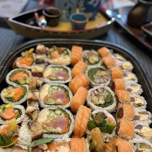Kome Sushi Catering Tray unpacked in Thanksgiving table