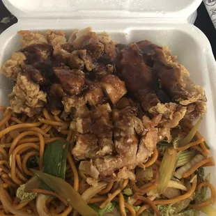 Bourbon chicken special with noodles for slight upcharge