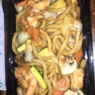 Yaki udon noodles with shrimp, came with clear soup and ginger salad