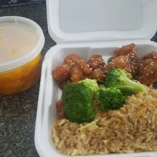 Sesame chicken with egg fried rice and egg drop soup