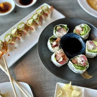On the left is Albacore Jalapeño Roll. On the right is the Sashimi Wrap (riceless)