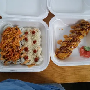 firecracker extra (leftmost), Volcano roll (center), las vegas roll (right)