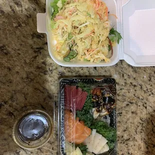 &quot;Spicy&quot; crab salad on the left and 3 orders of sashimi, one nigiri on the right