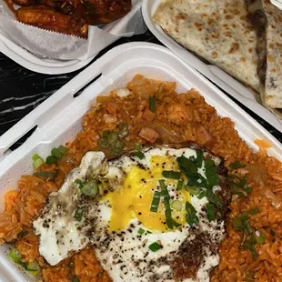 Kimchi Fried Rice, wings &amp; quesadilla - love this spot!