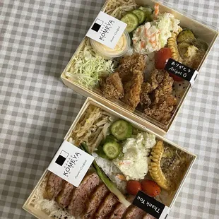 Duck breast bento (bottom), karaage bento (top)