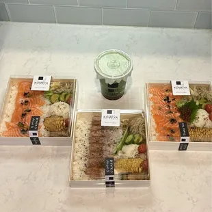 Salmon w/ and w/o roe, duck, and iced matcha with mochi and red bean