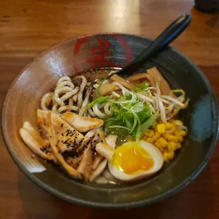 Black garlic chicken Ramen. I requested udon noodles, and it was a very delicious dish. The broth was thick and flavorful.