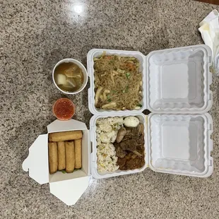 Pancit w/ 5 pc Lumpia &amp; Pork menudo, Adobo chicken served with garlic rice and a side of soup