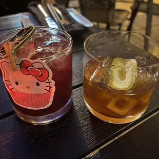 Hello Kitty cocktail and Old Fashioned