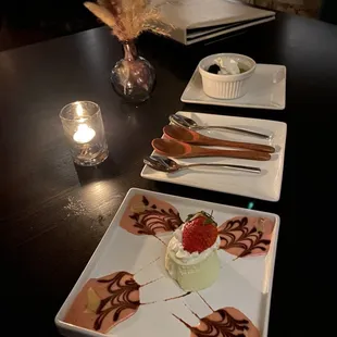 Restaurant week dessert - matcha pudding with chocolate Hennessy sauce, fruit crème brûlée