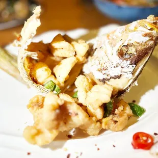 The signature CRISPY SNAPPER with shiso salsa verde, ginger chili served up as culinary art!