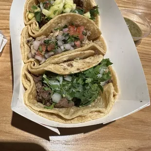 Pork, chicken, and Steak Tacos
