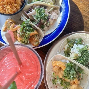 Papa con Rajas, Deep Fried Avocado, Chicken Fajita, and Raspberry Margarita