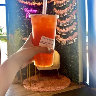 Customize your own boba drinks  Flavor: Peach and Rose  Tea: Green Tea  Toppings: Lychee Jelly and peach popping
