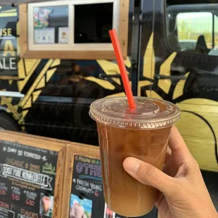 An iced white mocha macadamia with caramel