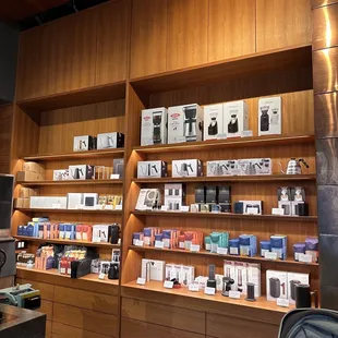 Wall display of coffee beans, cups, etc