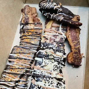 Dark chocolate bacon, tropical bacon, chili chocolate bacon