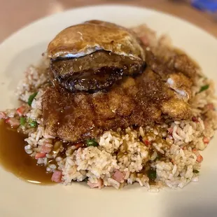 Loco Moco Katsu Chicken &amp; Hamburger Patty w/ Fried rice.